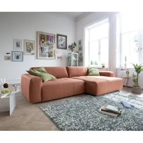 Ecksofa Lazaro 300x160 cm Flachgewebe Orange Ottomane rechts mit Sitztiefenverstellung