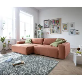 Ecksofa Lazaro 300x160 cm Flachgewebe Orange Ottomane links mit Sitztiefenverstellung